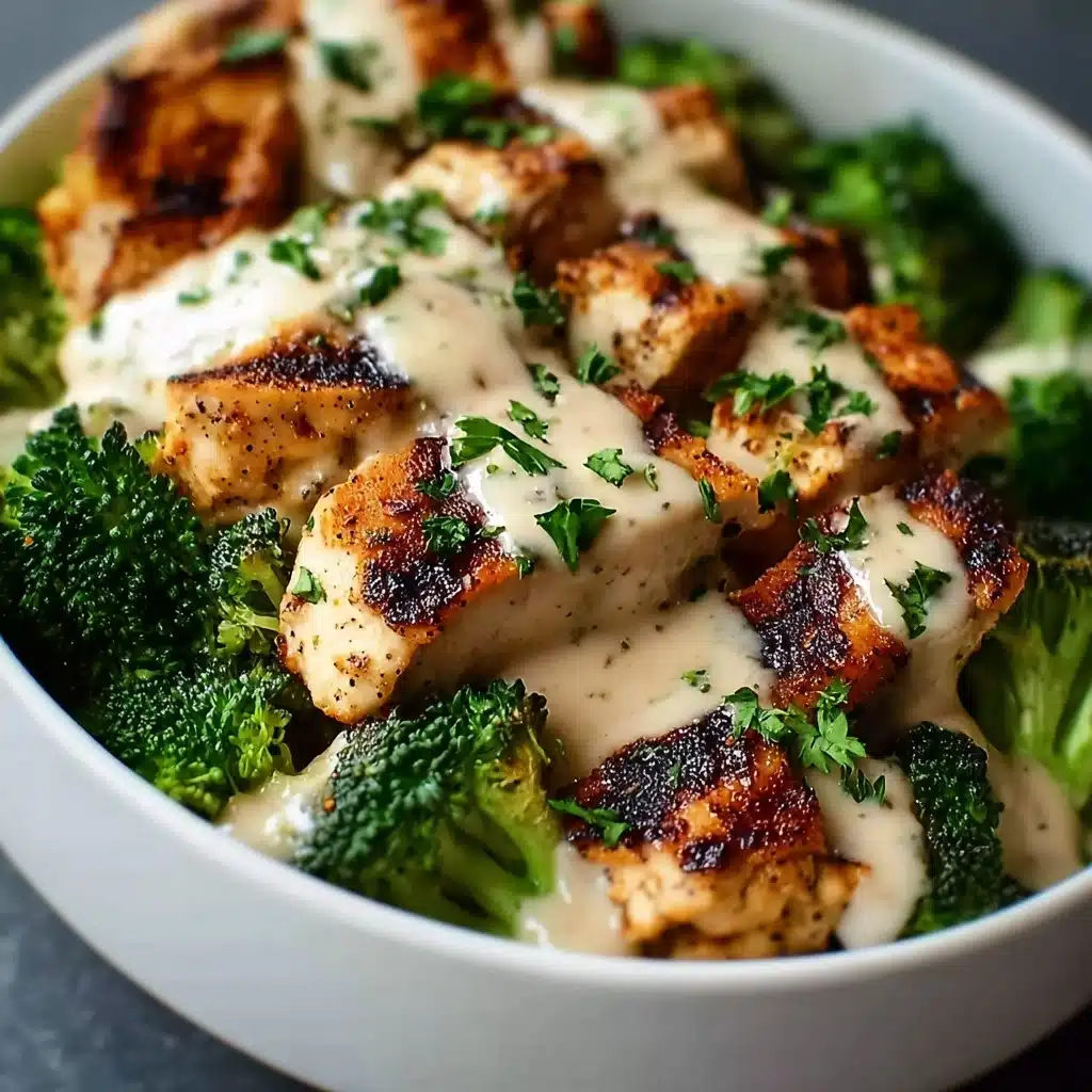 Grilled Chicken & Broccoli Bowls with Creamy Garlic Sauce Recipe - Recipe Image