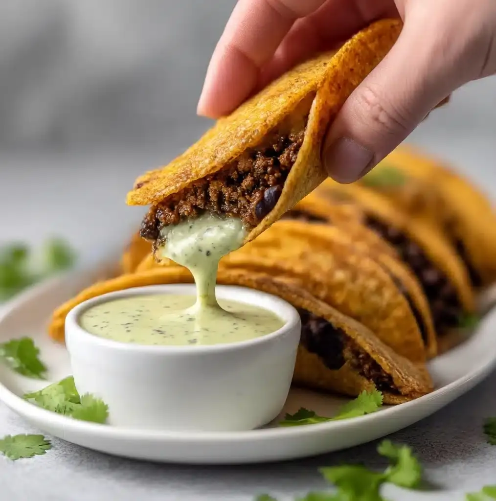 Crispy Baked Ground Turkey Tacos with Avocado Sauce Recipe