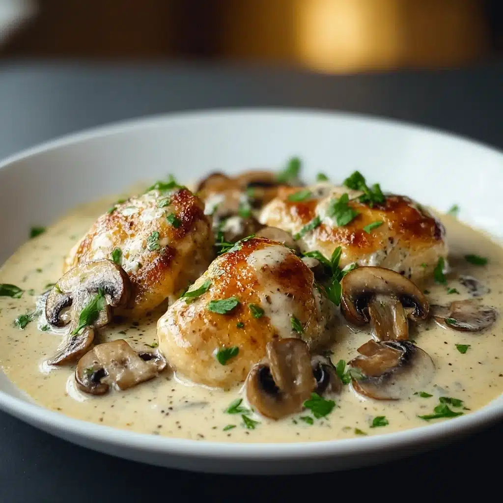 Creamy Garlic Mushroom Chicken Thighs Dinner Recipe - Recipe Image