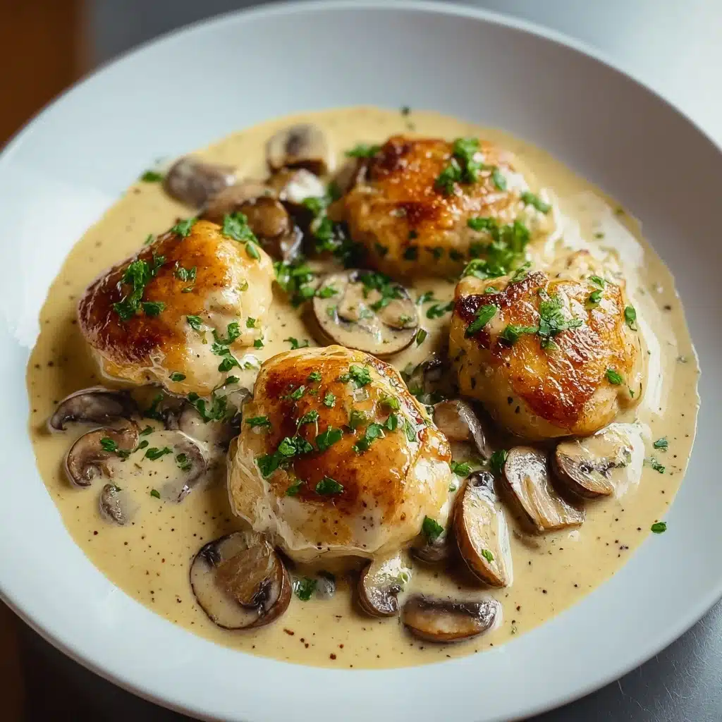 Creamy Garlic Mushroom Chicken Thighs Dinner Recipe - Recipe Image
