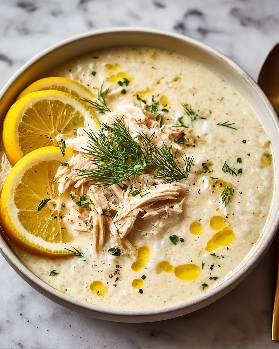 A shallow white bowl filled with a creamy rice soup as the base layer, light beige in color with a smooth, slightly thick texture. On top, shredded light brown chicken pieces are spread unevenly, adding texture. Bright yellow lemon slices lean against the bowl’s side, partly submerged in the soup. Fresh green dill sprigs are centered on top, with tiny herb fragments scattered around. Small droplets of oil or butter add a shiny golden hue, and a few black pepper specks finish the look, all set on a white marbled surface. Photo taken with an iphone --ar 4:5 --v 7