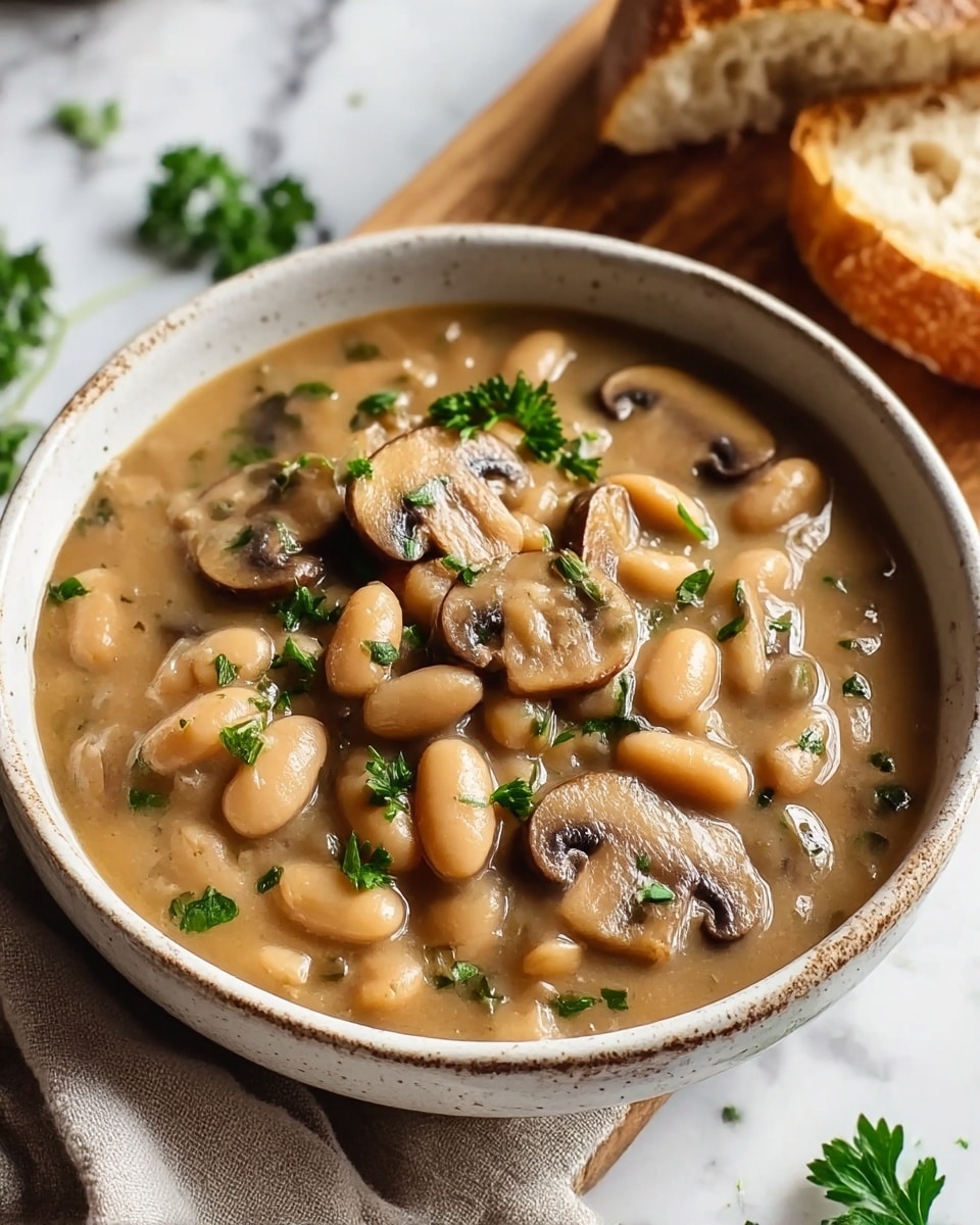 The image shows a round speckled bowl filled with a creamy mushroom and white bean stew. The stew has a thick beige sauce with visible slices of cooked mushrooms and whole white beans evenly mixed throughout. Some fresh green parsley leaves are sprinkled on top as garnish, adding a pop of color. The bowl is placed on a grey cloth with a piece of bread on a wooden board next to it. The background is a white marbled texture. photo taken with an iphone --ar 4:5 --v 7