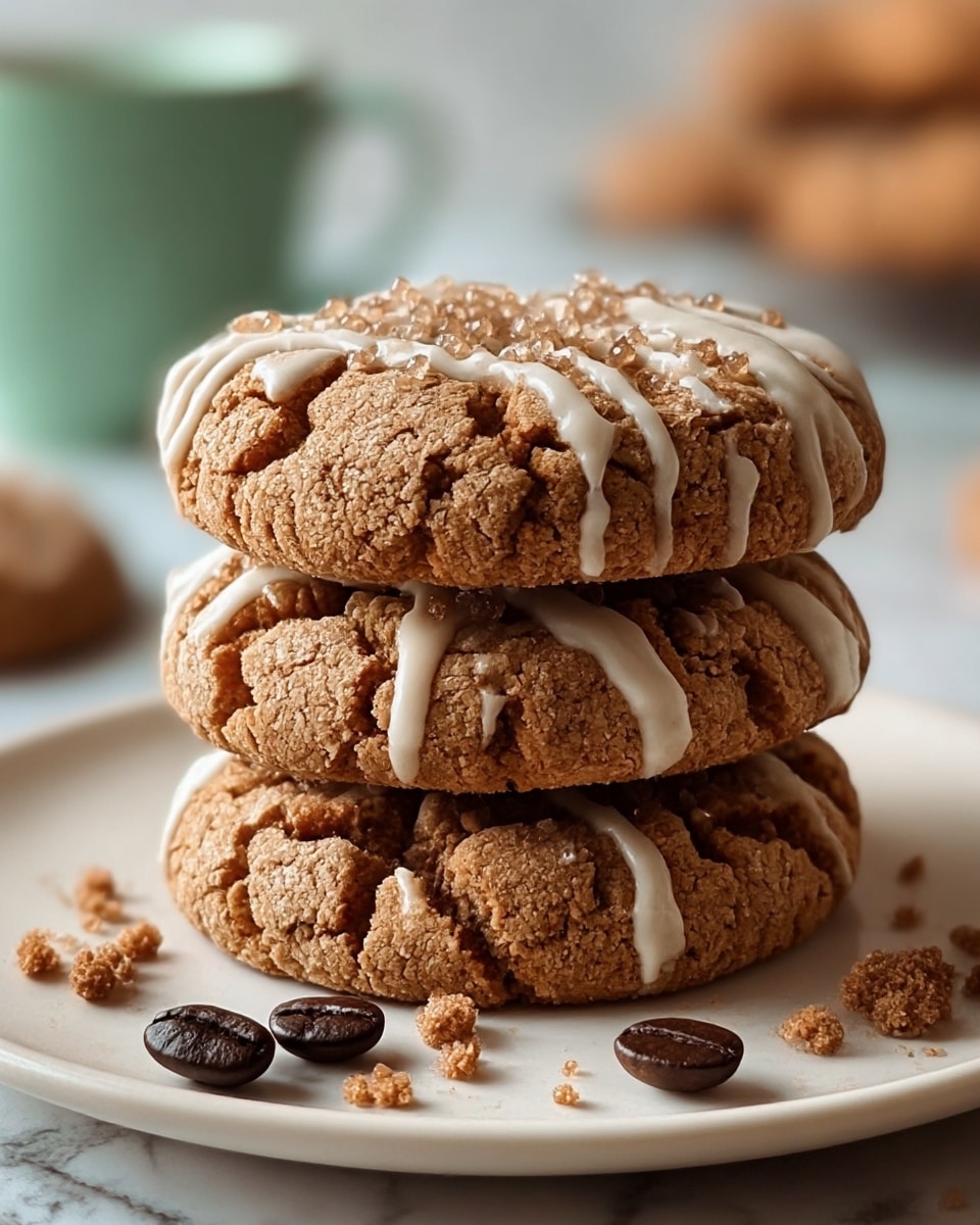A stack of three thick, soft-looking brown cookies sits in the center of a white plate, each cookie showing cracked, crumbly texture. The top cookie is drizzled lightly with white icing and sprinkled with coarse brown sugar crystals that sparkle. Around the base of the stack, some crumb bits and two dark roasted coffee beans lay scattered. The background shows a blurred white marbled surface with hints of a pale green cup and some more baked goods. photo taken with an iphone --ar 4:5 --v 7