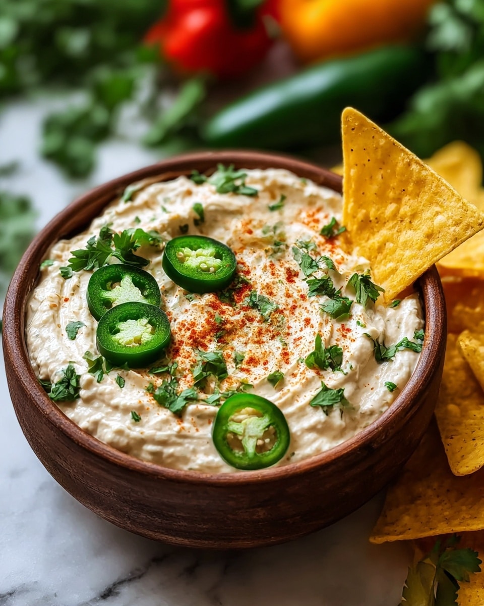 A rustic brown bowl filled with creamy white dip that has a smooth and slightly chunky texture. On top, there is a light sprinkle of red paprika and bright green cilantro leaves scattered throughout. Fresh, round slices of dark green jalapeño peppers are placed in a loose circle on the surface, adding a fresh, spicy look. To the right side, several triangular yellow tortilla chips lean against the bowl's edge. The bowl sits on a white marbled surface with blurred colorful peppers and cilantro in the background, giving a fresh and vibrant setting. Photo taken with an iphone --ar 4:5 --v 7