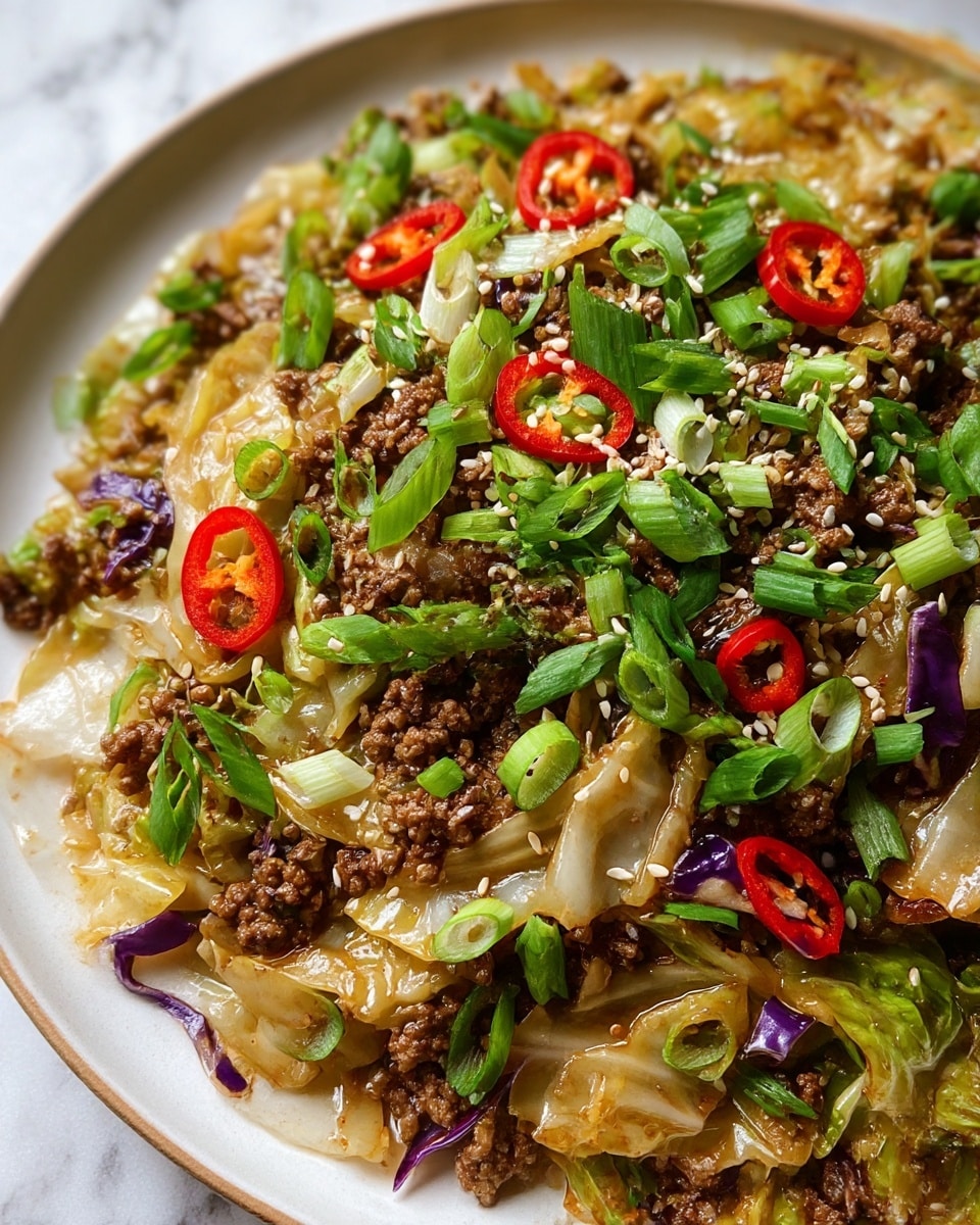 A close-up shot of a white plate filled with a stir-fried dish featuring a base of light golden-brown cooked cabbage leaves mixed with crumbled brown ground meat. Bright green chopped spring onions are scattered generously on top, along with thin slices of vibrant red chili peppers. Small white sesame seeds are sprinkled over the whole dish, adding texture contrast. The dish looks glossy with a light sauce coating, and bits of purple cabbage add small splashes of contrasting color. The background is a white marbled surface. Photo taken with an iphone --ar 4:5 --v 7