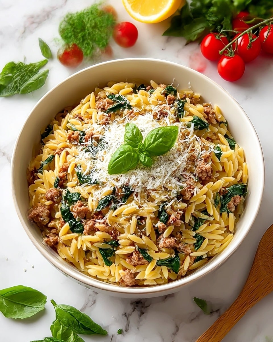 A white bowl filled with three main layers: the bottom layer is small orzo pasta with a light golden-yellow color, the middle layer consists of cooked ground meat mixed with green spinach leaves scattered throughout, and the top layer has a generous amount of finely grated white cheese slightly melting into the pasta, garnished with a small sprig of bright green basil in the center. The bowl is placed on a white marbled texture with fresh red cherry tomatoes on the vine, a halved lemon, green herbs, and a wooden spoon nearby. photo taken with an iphone --ar 4:5 --v 7