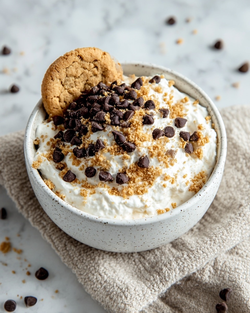 A white speckled bowl filled with a fluffy white creamy base, topped with a generous layer of dark brown chocolate chips scattered throughout and golden brown cookie crumbs sprinkled evenly on top. A single chocolate chip cookie rests on the edge of the bowl. The bowl is placed on a soft beige knitted cloth, all set against a white marbled surface with a few chocolate chips and cookie crumbs scattered around. photo taken with an iphone --ar 4:5 --v 7