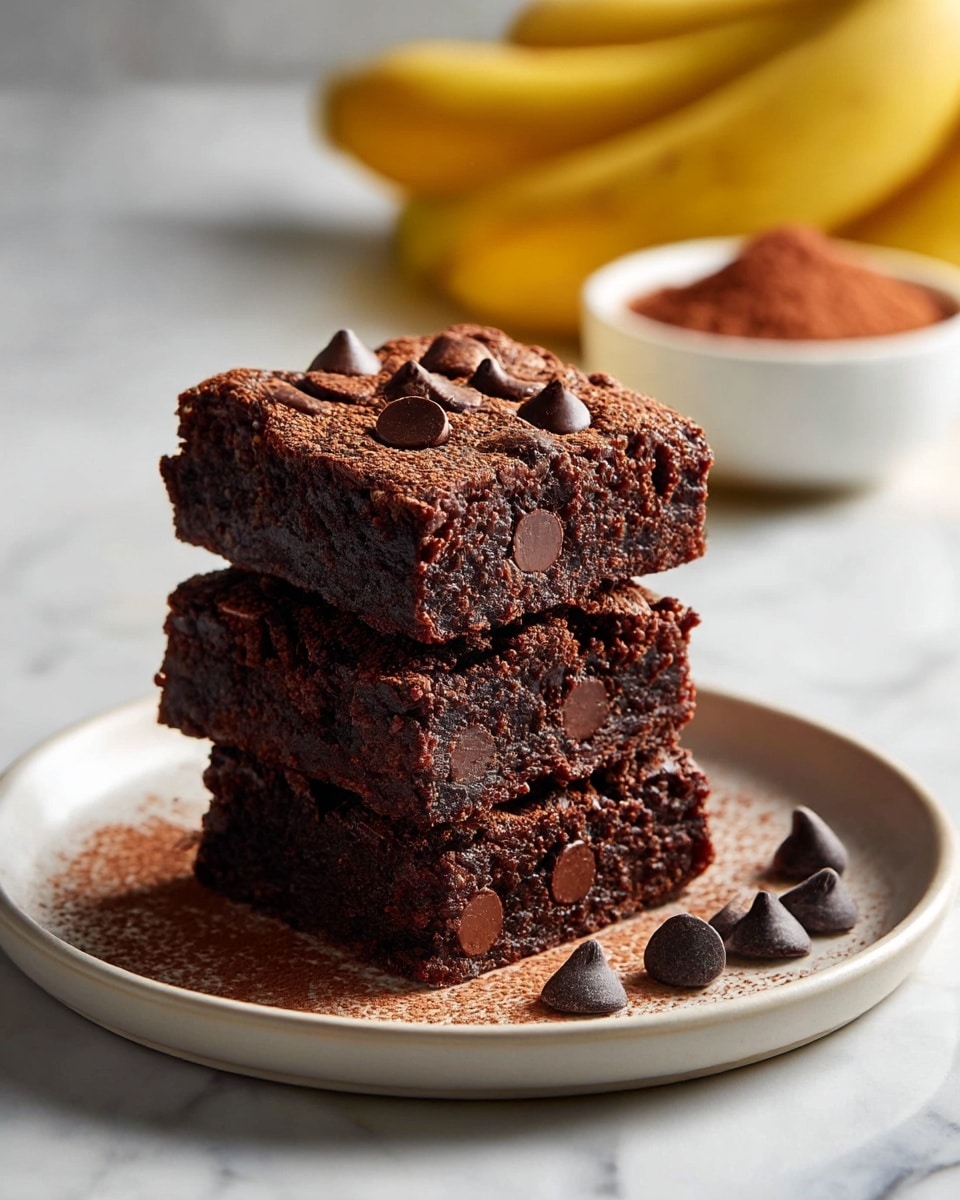 Three thick, square-shaped chocolate brownies are stacked evenly on a round white plate with a soft shadow underneath. Each brownie has a dark brown, moist, and slightly crumbly texture with large, visible chocolate chips sprinkled generously on the top layer. The plate is dusted lightly with cocoa powder, with a few chocolate chips resting beside the brownies. In the background, several ripe bananas and a white bowl filled with cocoa powder are softly out of focus against a white marbled surface. Photo taken with an iphone --ar 4:5 --v 7