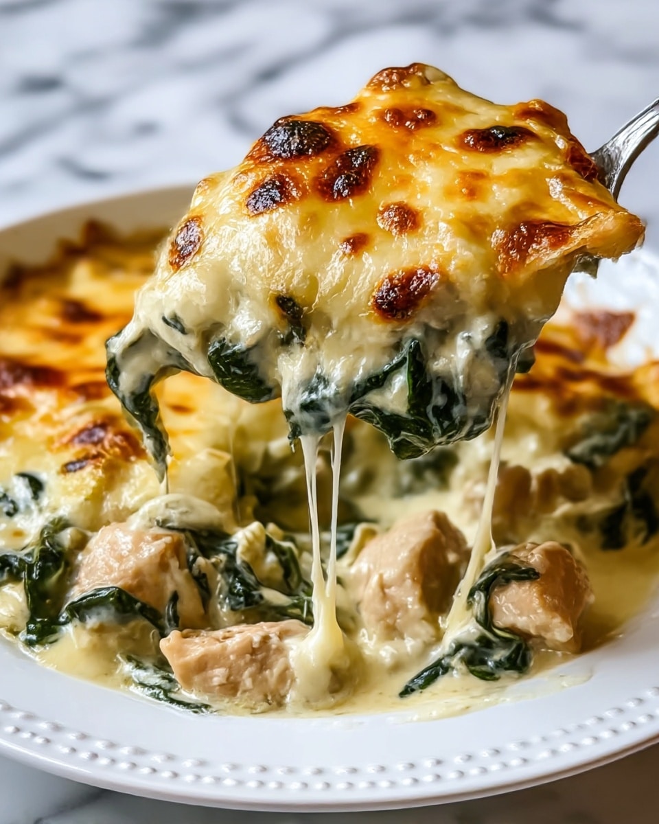 The dish is a creamy baked casserole served on a white plate with delicate dotted edges, placed on a white marbled surface. It has three main layers: the bottom layer is a creamy white sauce mixed with cooked spinach, showing green leafy textures; the middle layer features chunks of tender, pale chicken pieces coated in the sauce; the top layer is a golden-brown, bubbly melted cheese crust with browned spots that look crispy and rich. A utensil lifts a generous portion from the plate, pulling melted cheese strings from the main dish, highlighting its gooey texture. photo taken with an iphone --ar 4:5 --v 7