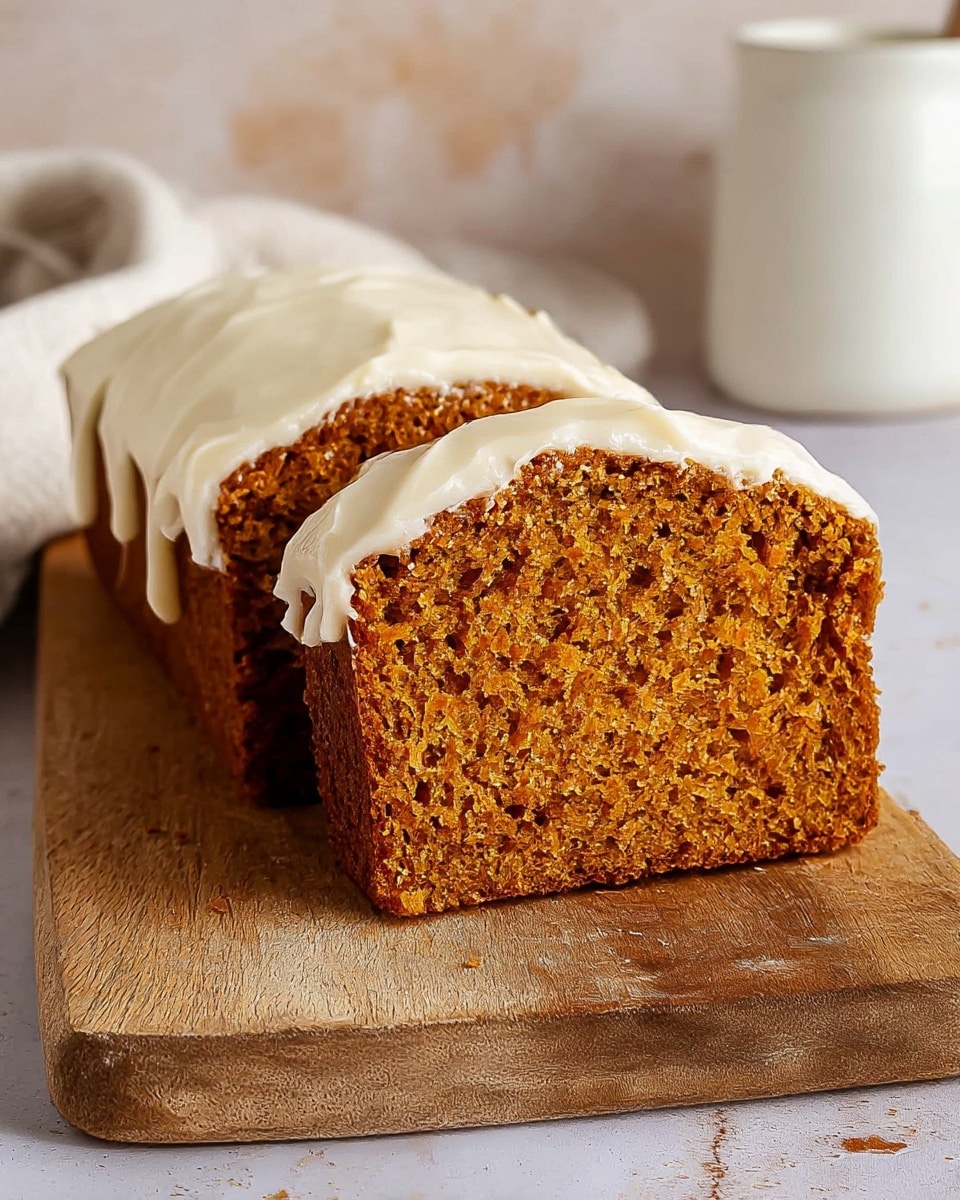 The image shows two thick slices of moist carrot cake placed side by side on a wooden cutting board, each slice having a dense, textured orange-brown crumb. They are topped with a smooth, creamy layer of white frosting that covers the entire top edge and slightly drips down the sides. The background features a soft beige and white marbled texture, with a blurred white container and light fabric nearby, giving a cozy kitchen feeling. Photo taken with an iphone --ar 4:5 --v 7