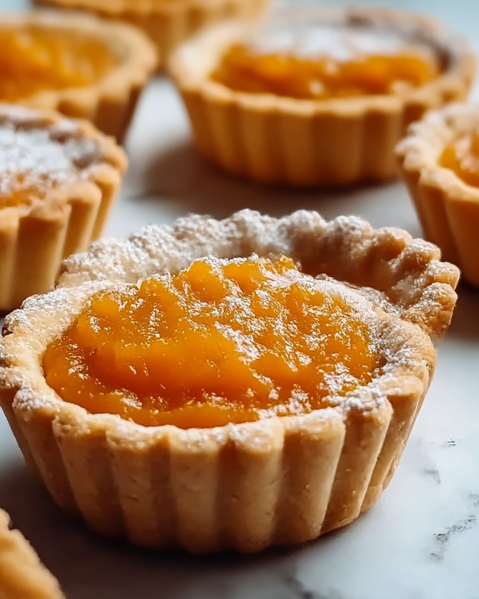 The image shows close-up mini tarts with a flaky light brown crust that has crimped edges. Each tart is filled with a thick, smooth, bright orange filling, likely pumpkin or sweet potato, topped with a light dusting of powdered sugar that adds a slight white shine. The tarts sit on a white marbled surface, and the focus is on the front tart, with more tarts slightly out of focus in the background, highlighting the texture and color contrast between the crust and filling. photo taken with an iphone --ar 4:5 --v 7
