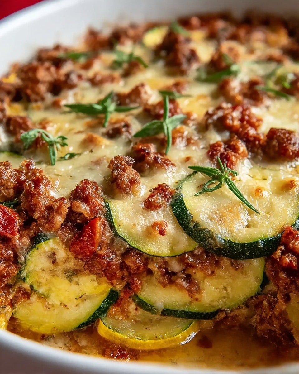 A close-up of a baked casserole in a white dish showing three main layers: the bottom layer contains soft yellow zucchini slices with green edges, the middle layer is made of browned, crumbly sausage pieces mixed with bits of red tomato, and the top layer is melted golden cheese with small, fresh green herb sprigs scattered on top. The textures show a mix of creamy and slightly crisp parts with a few juicy spots. Photo taken with an iphone --ar 4:5 --v 7
