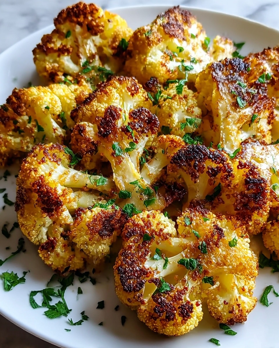 The image shows a white plate filled with several pieces of roasted cauliflower. Each piece is golden brown with a crispy, slightly charred texture on the edges, giving a crunchy appearance. The cauliflower pieces are spread over the plate, and they are garnished with small bits of fresh green herbs scattered on top and around the plate. The cauliflower's white and yellow tones contrast nicely with the dark browning and vibrant green garnish, all set on a white marbled texture surface. photo taken with an iphone --ar 4:5 --v 7