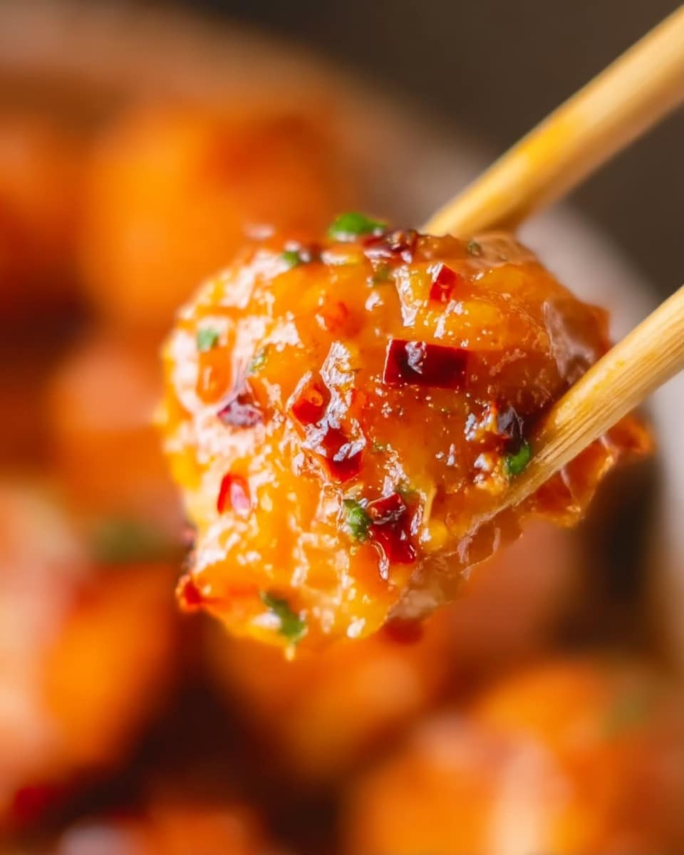 A close-up of a single piece of sticky glazed chicken held between two wooden chopsticks. The chicken piece is coated in a shiny, thick orange sauce with red chili flakes and small green herb bits on its surface. The texture of the chicken looks tender and juicy under the glossy glaze. The background is blurred with warm orange tones, hinting at more of the same chicken pieces. photo taken with an iphone --ar 4:5 --v 7