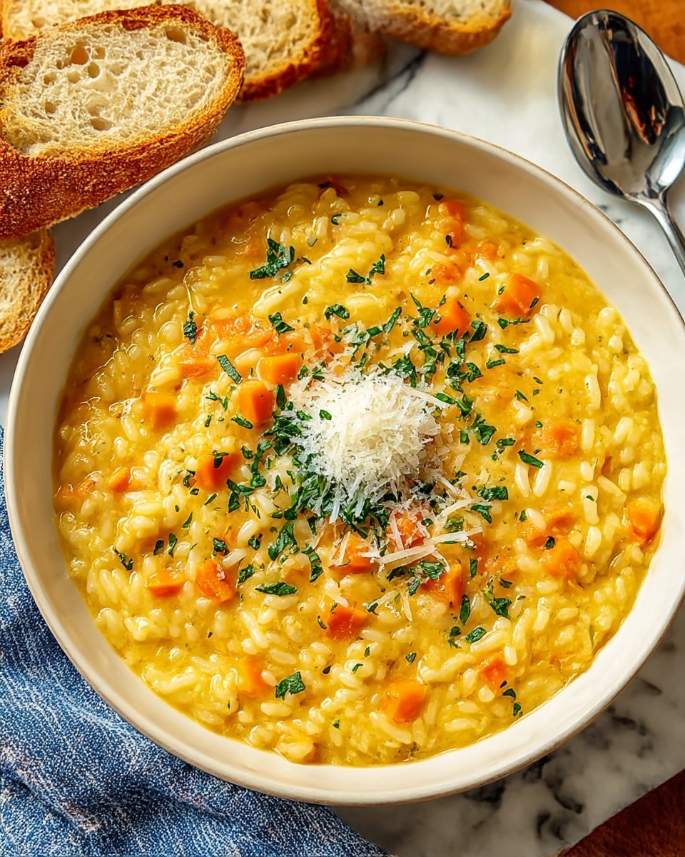 The image shows a deep white bowl filled with thick, creamy yellow risotto mixed with small pieces of orange carrots evenly spread throughout. On top, there is a sprinkle of finely chopped green herbs and a small mound of shredded white cheese at the center. The risotto has a soft, smooth texture with a few visible grains of rice. The bowl is placed on a white marbled surface next to slices of crusty bread with a golden brown crust. To the side, a silver spoon rests on a blue and white striped cloth napkin. Photo taken with an iphone --ar 4:5 --v 7