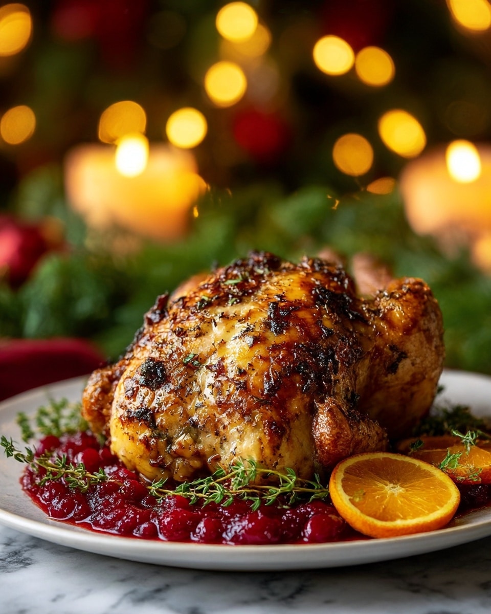 A golden-brown roasted chicken sits centered on a white plate, its skin crispy with specks of herbs and spices creating a textured, slightly charred surface. The chicken is surrounded by a thick layer of bright red cranberry sauce that glistens with a soft, chunky texture. Green sprigs of fresh thyme are scattered over the chicken and sauce, adding a touch of vibrant green. On one side of the plate, partially tucked under the chicken, are a few slices of orange with a bright, juicy appearance. The plate is set on a white marbled surface, with softly blurred warm yellow and red holiday lights and candles glowing gently in the background, creating a festive atmosphere. photo taken with an iphone --ar 4:5 --v 7