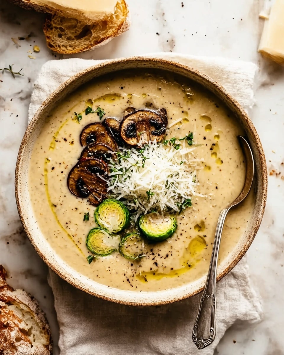 A thick, creamy beige soup fills a round rustic bowl, topped with a row of dark brown sautéed mushroom slices and light green brussels sprout halves placed near the center. A generous pile of white grated cheese sits on top in the middle, scattered with tiny green herb leaves and black pepper specks. Small streaks of golden olive oil dot the surface, adding shine and contrast. A vintage silver spoon rests inside the bowl on a light beige cloth, all set on a white marbled surface with rough pieces of crusty bread nearby. Photo taken with an iphone --ar 4:5 --v 7