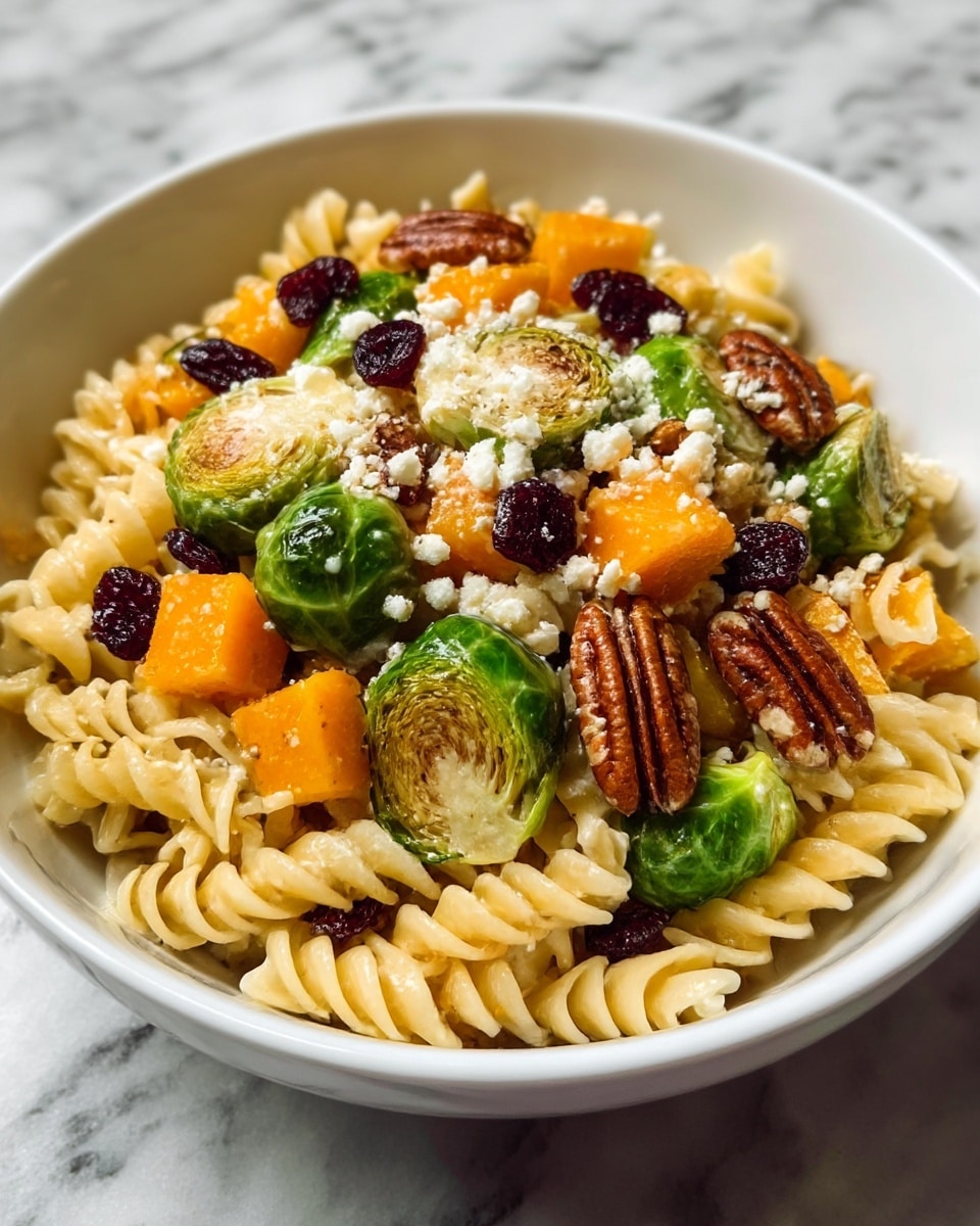 A white bowl filled with a layered pasta dish featuring cream-colored rotini pasta as the base. Scattered on top are bright green Brussels sprouts, some halved showing a slightly charred texture, and vibrant orange chunks of butternut squash. Small dark red dried cranberries and whole brown pecans add color contrast and texture. The dish is sprinkled with crumbled white cheese, giving a soft crumbly texture on top. The bowl is placed on a white marbled surface. Photo taken with an iphone --ar 4:5 --v 7