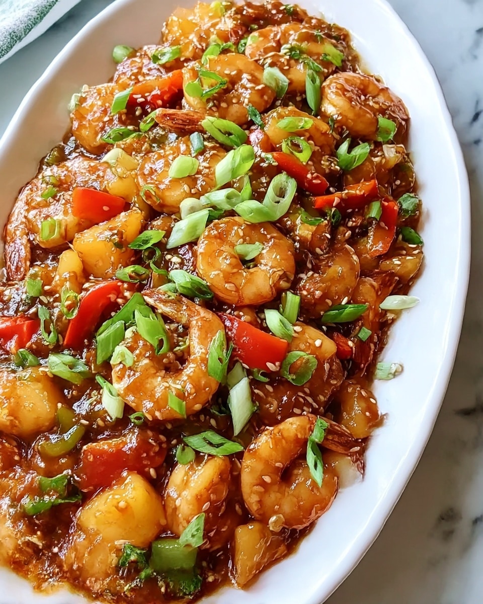 A white oval dish filled with a stir-fry of shrimp layered on top and mixed with chopped green onions, red bell pepper strips, and pineapple chunks, all coated in a shiny brown sauce with visible sesame seeds sprinkled over the top, set on a white marbled surface. photo taken with an iphone --ar 4:5 --v 7