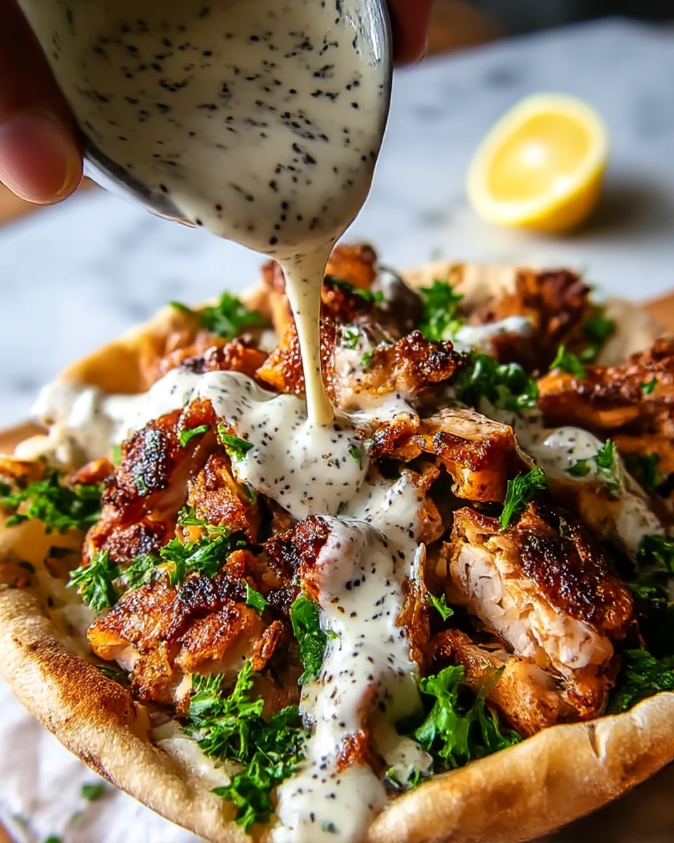 A close-up of a food bowl showing a bottom layer of soft, lightly browned flatbread as the base, topped with a thick layer of crispy, charred grilled chicken pieces with a golden brown color and crispy edges, scattered with bright green parsley leaves. A woman's hand pours a creamy white sauce with black pepper flakes generously over the chicken, creating a glossy texture that contrasts with the meat. There is a small wedge of lemon blurred in the background on a white marbled texture. The whole dish is visually rich with warm brown tones and fresh green accents. photo taken with an iphone --ar 4:5 --v 7