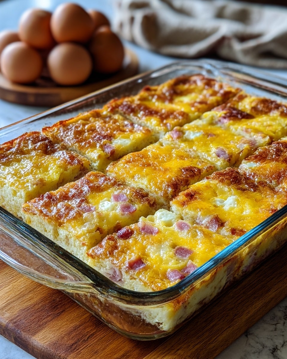 A glass baking tray filled with a baked egg casserole cut into 12 square pieces, each piece showing a golden brown top with slightly crispy edges and patches of melted cheesy yellow and white textures; inside, the casserole layers show a mix of light yellow eggs and bits of pink ham with chunks of white cheese or egg whites scattered throughout. The casserole has a soft, slightly fluffy texture underneath the browned crust, and the tray is set on a wooden board with brown eggs and a cloth in the blurred background on a white marbled textured surface. Photo taken with an iphone --ar 4:5 --v 7