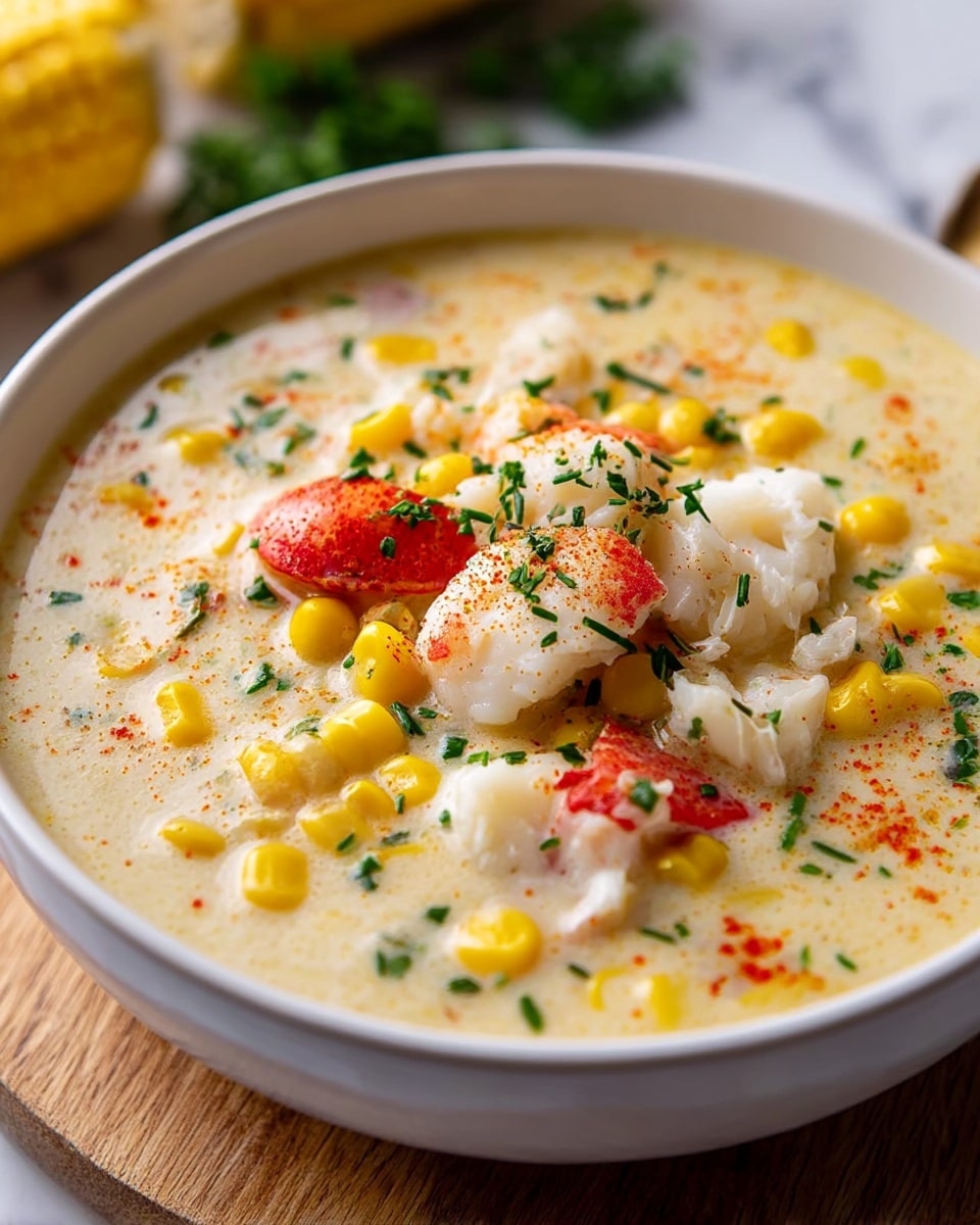 A white bowl filled with creamy soup showing about three layers: the base layer is a thick, light yellow cream with small green herb pieces mixed in, the middle layer holds bright yellow corn kernels scattered throughout, and the top layer is a mix of white crab meat chunks with red lobster shell pieces. There are small green sprigs of herbs placed on top along with a sprinkling of red spice powder. The bowl is set on a white marbled surface, and a corn cob is blurred in the background. photo taken with an iphone --ar 4:5 --v 7
