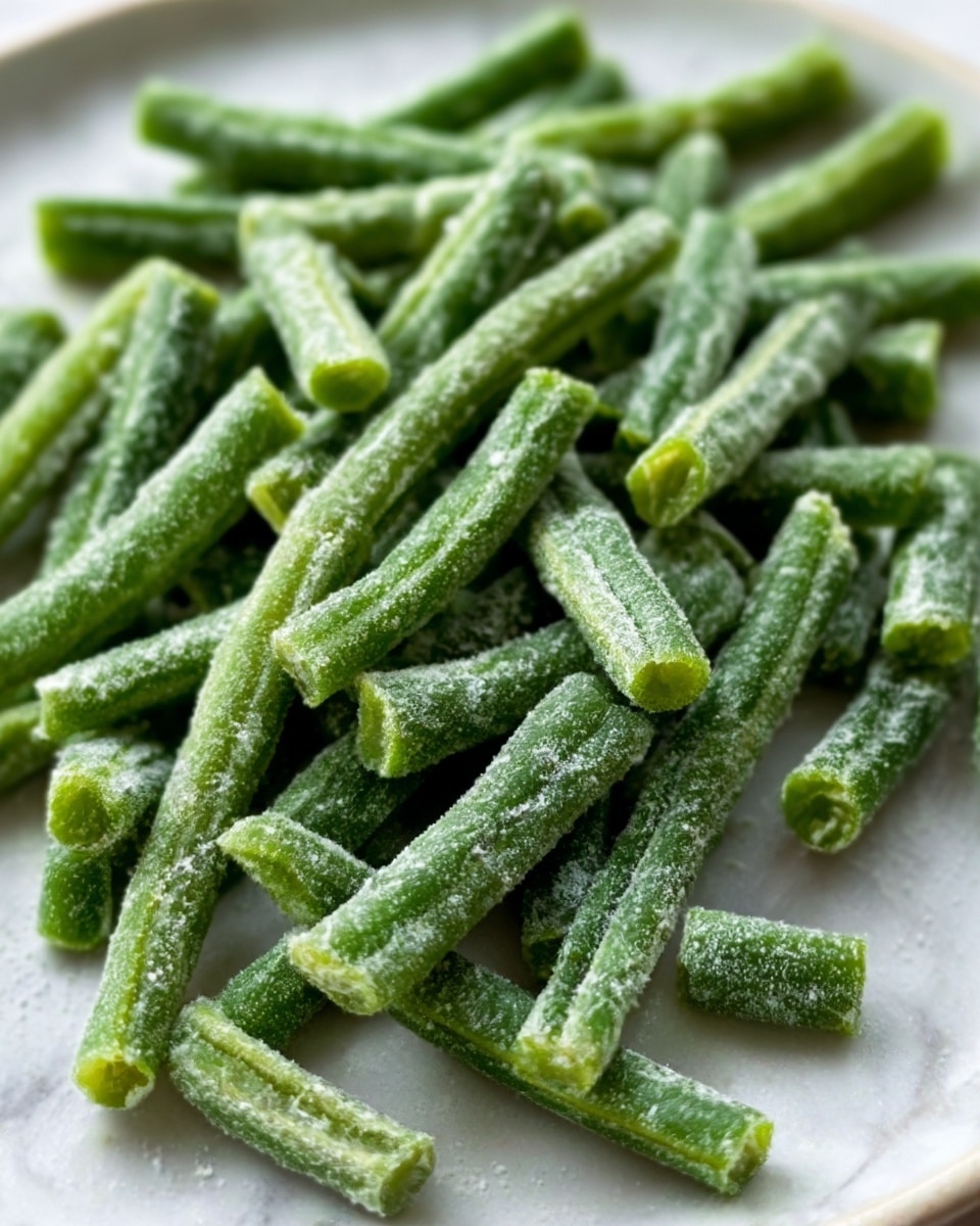 The image shows a close-up of several green beans cut into medium-size pieces, covered with a light dusting of white flour or powder. The green beans are bright green with visible texture on the surface and are spread in a random pile inside a white plate with a slightly curved edge. The background has a soft white marbled texture that contrasts softly with the green beans. The overall image focuses sharply on the beans in the center, highlighting their fresh and slightly rough texture. photo taken with an iphone --ar 4:5 --v 7