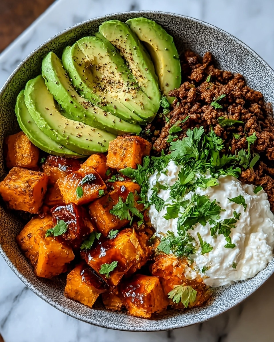 The dish is served in a white bowl with a rough gray pattern, filled with four main layers arranged side by side. On the top left, there are four slices of fresh avocado, bright green with a smooth texture, sprinkled with black pepper. Below the avocado, there are golden-brown roasted sweet potato cubes, some glazed with a shiny dark sauce and garnished with small green herbs. To the right of these, there is a generous pile of cooked ground beef, dark brown and crumbly, topped with chopped fresh cilantro. On the far right, there is a scoop of white cottage cheese with a slightly lumpy texture, also sprinkled lightly with chopped cilantro. The whole bowl sits on a white marbled surface. Photo taken with an iphone --ar 4:5 --v 7