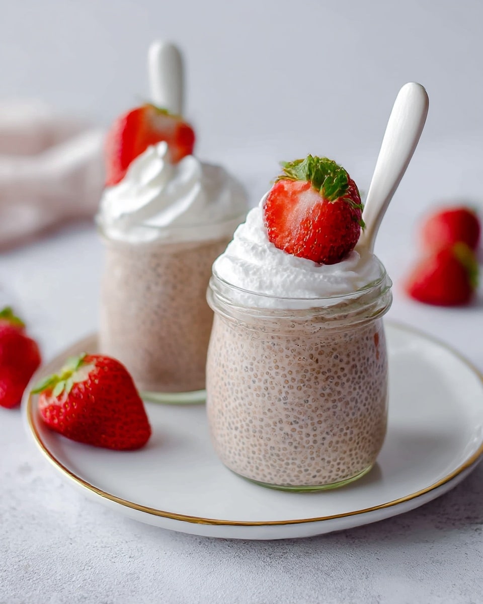 Two small clear glass jars sit on a white plate with a thin gold rim, placed on a white marbled surface. Each jar is filled with a light brown chia pudding with small black seeds evenly spread throughout the creamy texture, reaching about three-quarters of the jar height. On top of each pudding is a swirl of white whipped cream, crowned with a bright red half strawberry showing its juicy interior and green leafy top. Each jar has a white ceramic spoon inserted standing upright into the pudding. There are additional whole strawberries scattered softly in the blurry background. Photo taken with an iphone --ar 4:5 --v 7