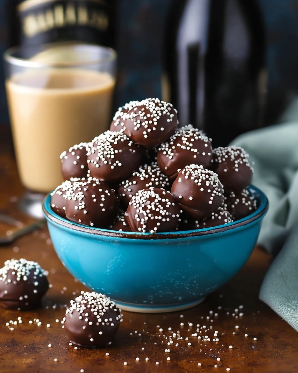 A bright blue bowl filled with round chocolate balls, each coated in smooth dark chocolate and sprinkled with small white sugar pearls. The bowl is set on a rustic brown surface with some sugar pearls scattered around it. In the background is a dark bottle and to the side is a clear glass with a creamy beige drink. The scene has a warm and cozy feel with light coming softly from one side. Photo taken with an iphone --ar 4:5 --v 7