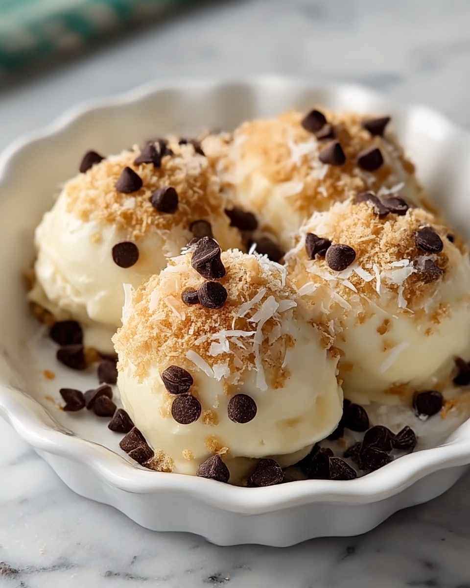 The image shows four creamy, pale yellow scoops of dessert placed closely inside a white dish with softly scalloped edges. Each scoop is topped with a layer of light brown crumbly bits mixed with white shredded flakes. Scattered dark brown chocolate chips are visible on top of the scoops and around the dish's bottom edges. The texture of the dessert looks smooth and soft, contrasting with the crunchy-looking toppings. The setting includes a white marbled surface under the dish. photo taken with an iphone --ar 4:5 --v 7