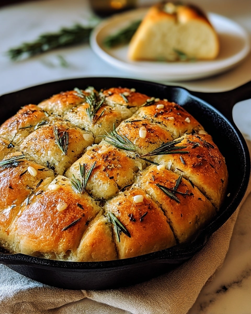 A close-up image of a round bread baked in a black cast iron skillet, showing a golden-brown crust with a slightly shiny texture and small cuts on top creating nine square sections. Each section is sprinkled with fresh green rosemary leaves and small white pieces of garlic, giving a fresh, aromatic look. The skillet rests on a beige cloth over a white marbled surface. In the blurred background, there is a white plate with a triangular piece of bread and some more rosemary. Photo taken with an iphone --ar 4:5 --v 7