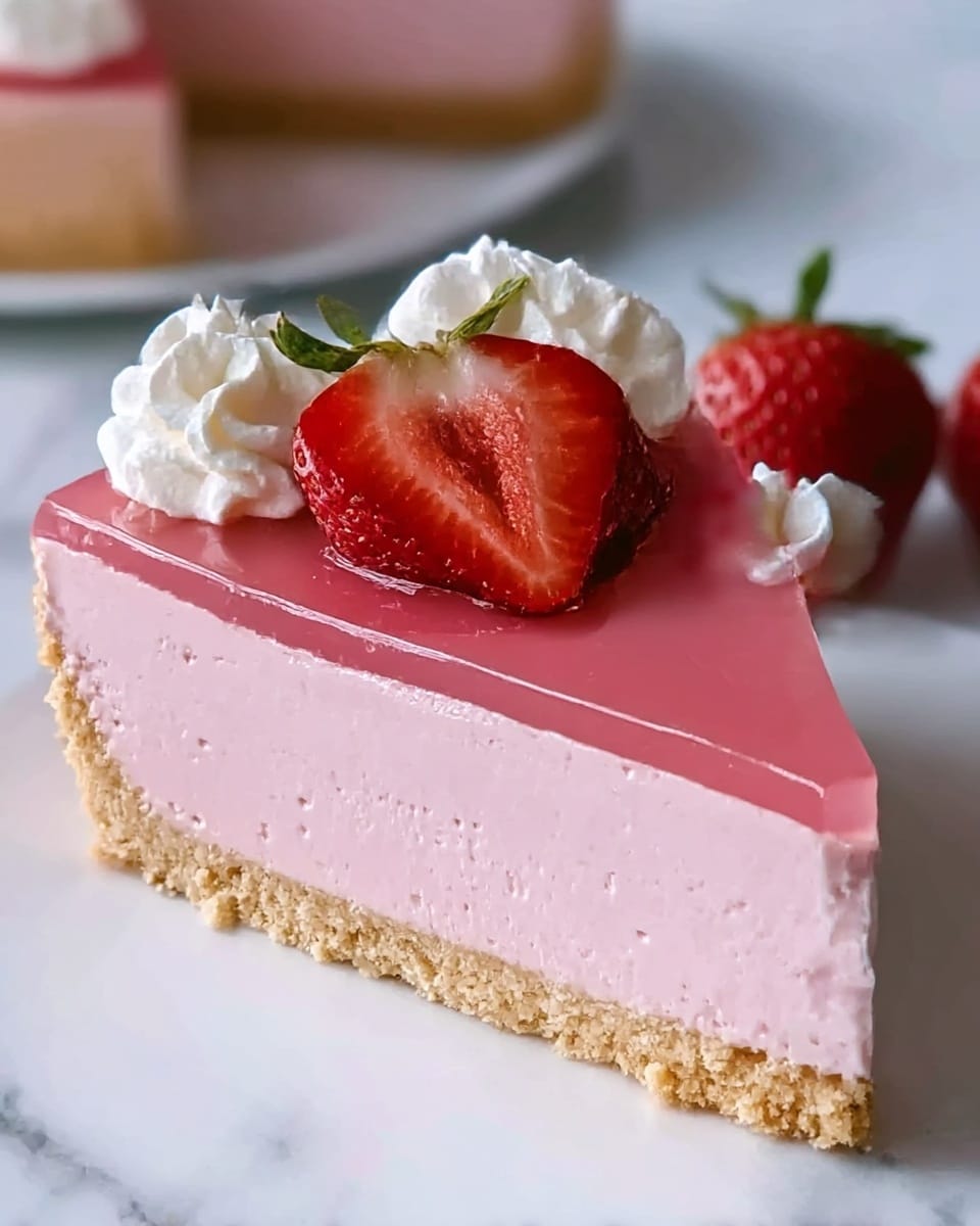 The image shows a slice of pink cheesecake with three clear layers: a light beige crumbly crust at the bottom, a thick middle layer of creamy, slightly textured pale pink filling, and a smooth, glossy darker pink gelatin layer on top. The cheesecake slice is topped with whole fresh strawberries and a sliced strawberry arranged in the center, with dollops of white whipped cream on each side of the strawberries. The cake is on a white plate, set on a white marbled surface. photo taken with an iphone --ar 4:5 --v 7