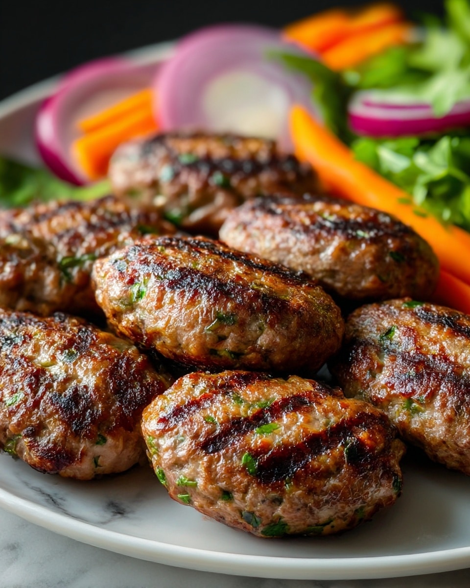 The image shows a close-up of seven grilled meat patties arranged on a white plate, each patty with a browned, slightly crispy exterior mixed with small green herb pieces, giving a textured look with grill marks on top. Behind the patties are colorful fresh vegetable pieces including orange carrot sticks, red onion wedges, and green leafy herbs, all resting against the plate’s edge. The plate sits on a white marbled surface. The lighting highlights the juicy and textured surface of the meat and the freshness of the vegetables. Photo taken with an iphone --ar 4:5 --v 7