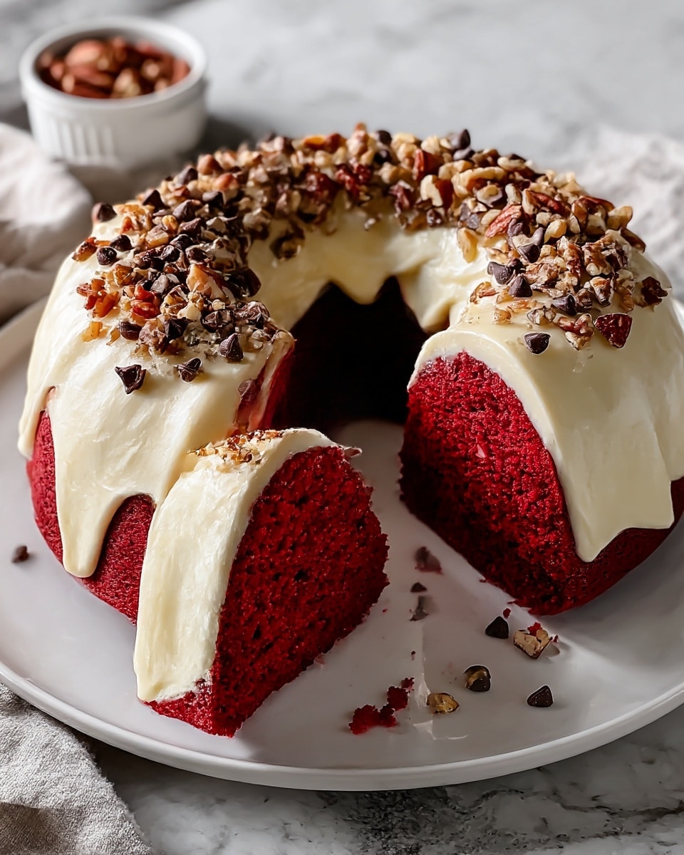 A red velvet bundt cake with one thick slice cut and slightly pulled out, showing the moist, dense, bright red inside texture. The cake is covered with a smooth, creamy white frosting that drapes over the top and drips gently down the sides. On top, there is a generous layer of chopped nuts mixed with small dark chocolate chips, scattered both on the frosting and the white plate around the cake. The cake sits on a white plate, placed on a white marbled textured surface with a soft cloth nearby and a small white bowl with more nuts and chips blurred in the background. Photo taken with an iphone --ar 4:5 --v 7