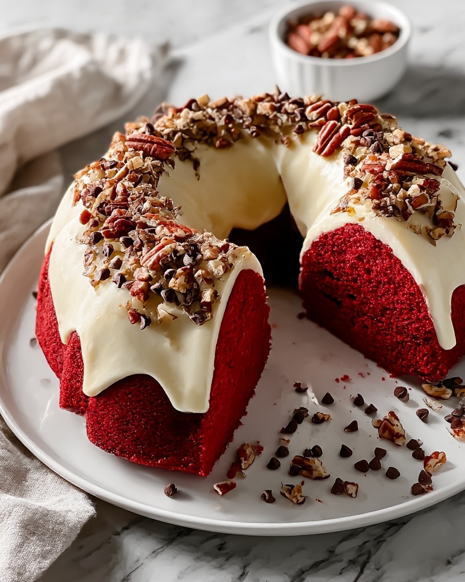A round red velvet bundt cake with one slice cut and slightly pulled out to the front, showing its bright red, moist, and soft texture inside. The cake is topped with a smooth, thick white cream cheese glaze that drips gently over the sides. On top of the glaze, there is a generous sprinkle of chopped pecans and mini chocolate chips, which also scatter around the cake on the white plate. The whole scene sits on a white marbled surface with a light-colored cloth partially visible on the left and a small white bowl with nuts and chocolate chips blurred in the background. photo taken with an iphone --ar 4:5 --v 7