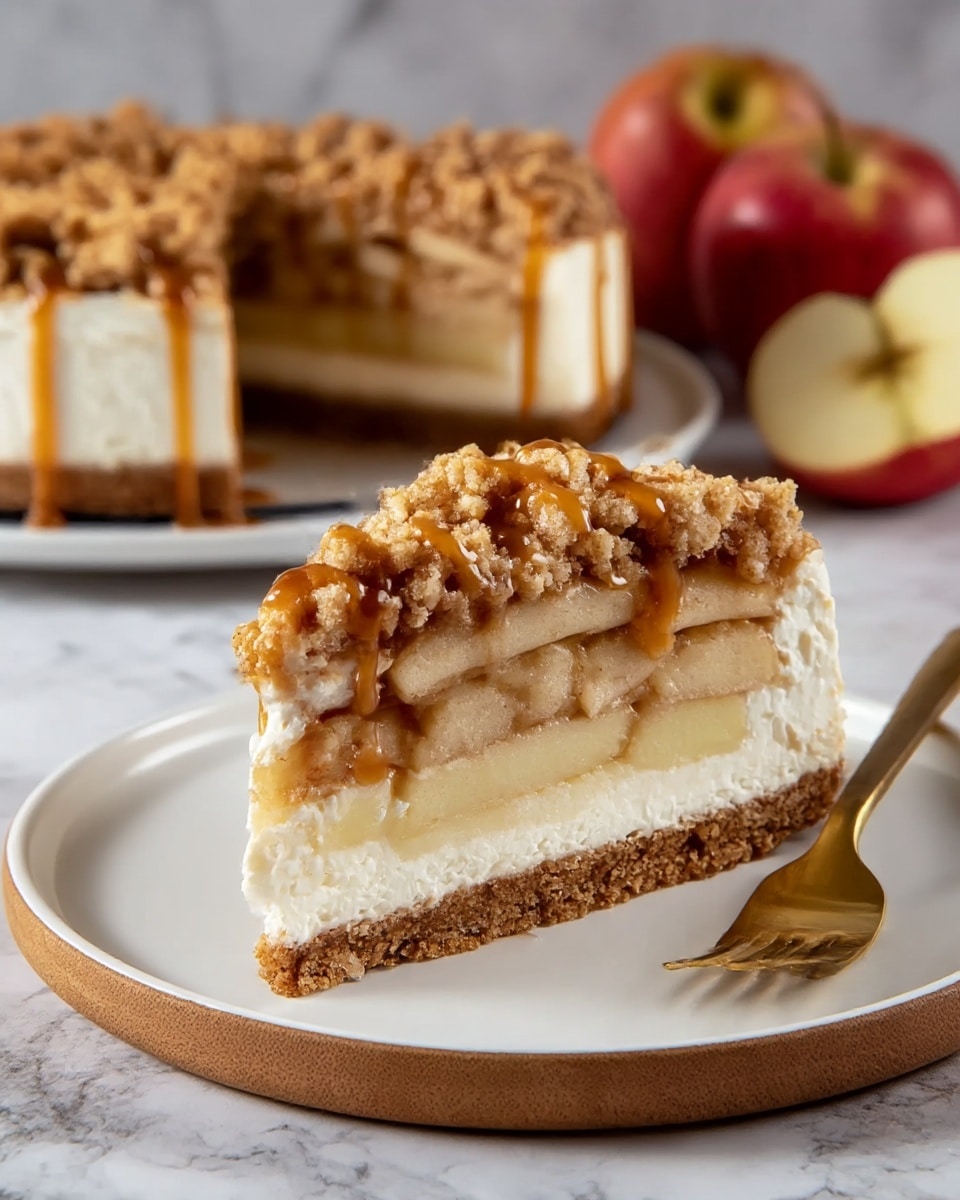 A close-up of a slice of apple crumble cheesecake on a white plate with a wooden rim, showing four clear layers: a bottom layer of crumbly brown crust, followed by a pale yellow cooked apple layer, then a thick white creamy cheesecake layer, and topped with another layer of sliced cooked apples covered with a chunky light brown crumble topping drizzled with caramel sauce. In the background, the rest of the cheesecake is visible on a white plate on a white marbled surface with two apples sitting behind it. A gold fork rests on the plate next to the slice. Photo taken with an iphone --ar 4:5 --v 7