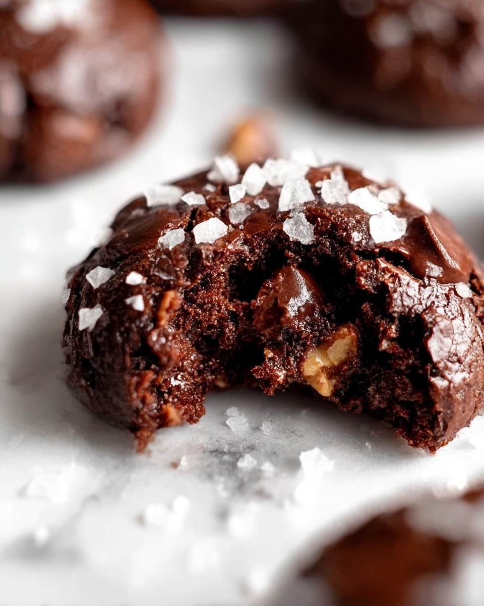 A close-up of a rich, dark chocolate cookie with a soft, moist texture, showing a bite taken out to reveal its dense interior filled with chocolate chips and bits of nuts. The cookie's surface is sprinkled with large, coarse sea salt crystals that add contrast with their bright white color and shiny texture. The background shows a white marbled surface with more cookies blurred in the back, highlighting the cookie in focus. The image captures the glossy and crumbly details of the cookie, emphasizing its indulgent and freshly baked quality. Photo taken with an iphone --ar 4:5 --v 7
