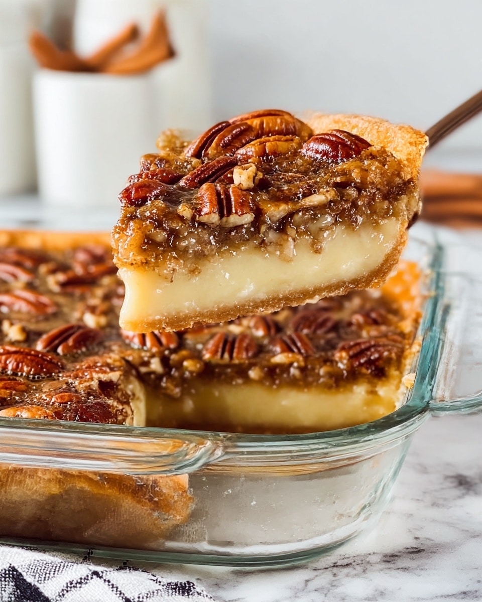A close-up view of a pecan pie slice being lifted from a clear glass baking dish, showing three distinct layers: a golden brown crust at the bottom, a creamy light yellow filling in the middle, and a darker, caramelized pecan topping scattered with whole shiny brown pecans and chopped pieces. The pie rests on a white marbled surface with a white and black checkered kitchen towel underneath the dish. In the background, there are blurred white containers and cinnamon sticks. Photo taken with an iphone --ar 4:5 --v 7