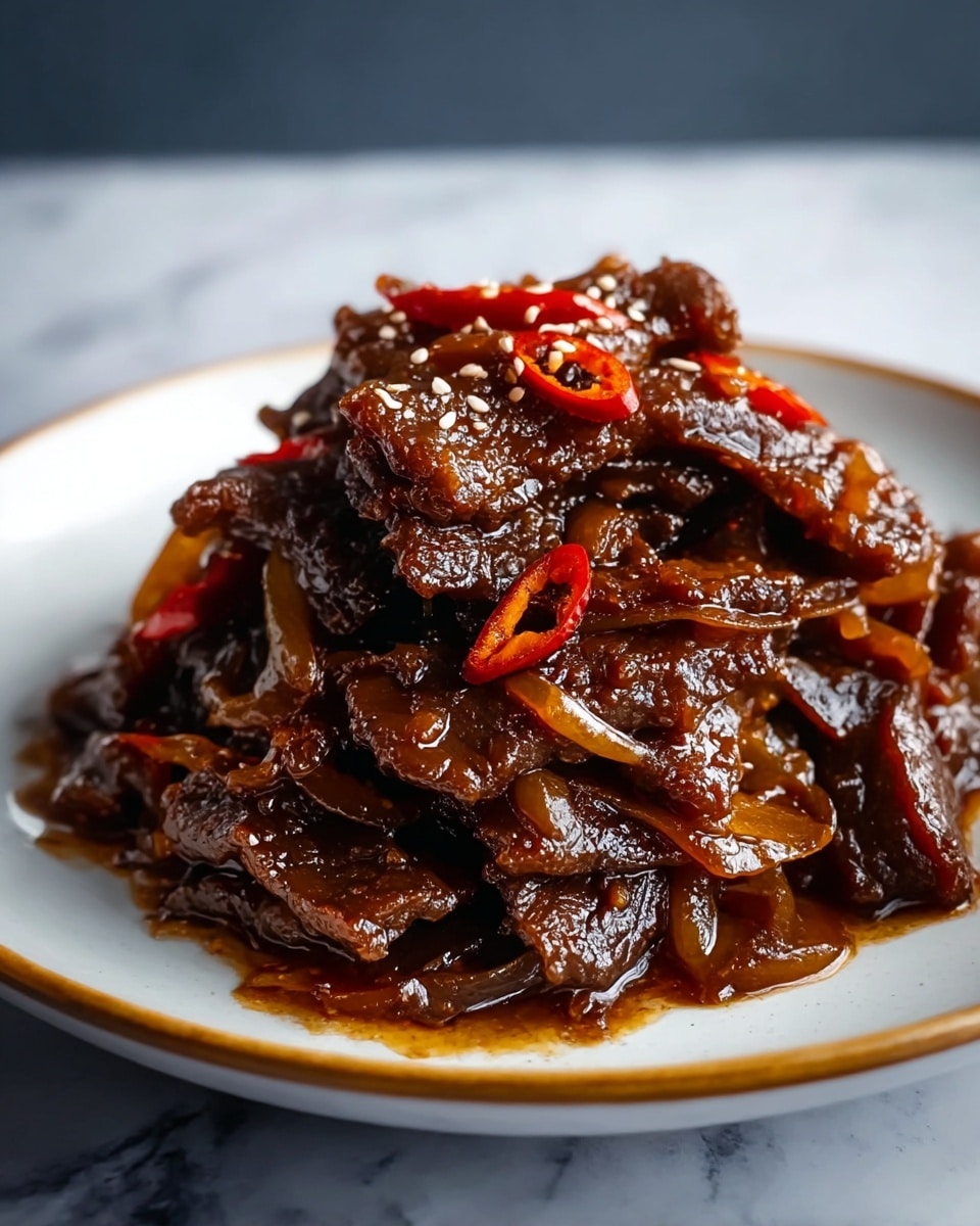 A dark, glossy pile of cooked beef slices sits on a white plate with a golden rim, each piece coated in a thick, shiny brown sauce. The beef is layered unevenly, showing textures of tender, slightly crisp edges and soft middle parts, mixed with cooked, translucent onion strips. Bright red chili slices add a pop of color, scattered on top, along with light sprinkles of white sesame seeds. The dish is set against a blurred white marbled background that softly reflects the food’s shine. photo taken with an iphone --ar 4:5 --v 7