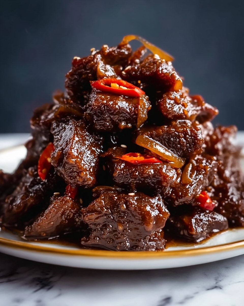 A pile of dark brown glazed beef pieces coated in a shiny thick sauce sits stacked on a white plate with a thin golden edge. The beef looks tender with some pieces topped with thin caramelized onion slices and small red chili pepper slices, adding spots of bright orange-red color. Tiny white sesame seeds are sprinkled over the meat, giving a slight texture contrast. The plate is placed on a surface with a white marbled texture, and the background is blurred in dark tones that focus attention on the glossy, richly sauced beef. photo taken with an iphone --ar 4:5 --v 7