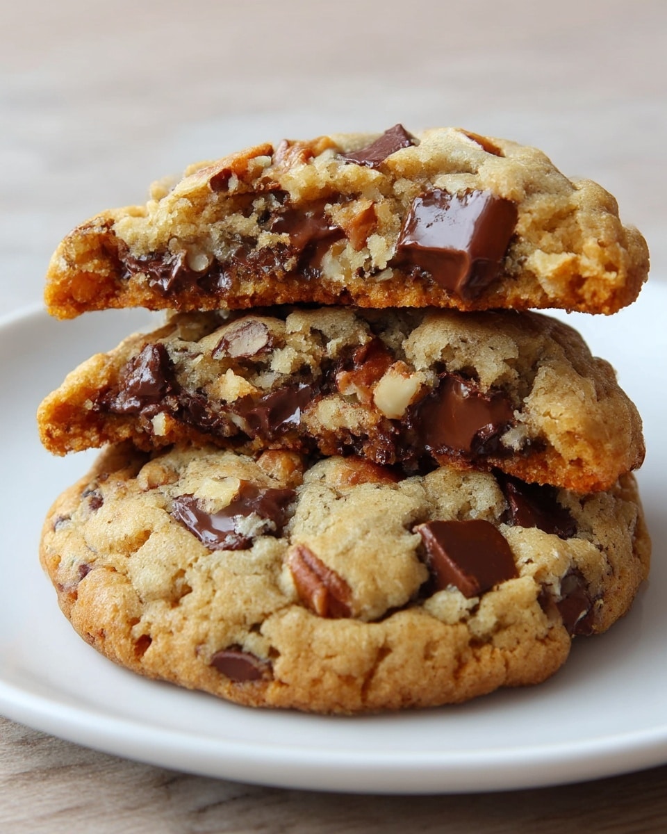 Two thick, golden-brown cookies sit stacked on a white plate set on a white marbled surface. The top cookie is broken in half, revealing a soft, gooey inside filled with melted dark chocolate chunks and bits of pecans. The cookies have a rough, slightly crumbly texture with visible pieces of chocolate and nuts embedded throughout. The edges are a bit darker and crispier, while the center is tender and rich with melty chocolate. Photo taken with an iphone --ar 4:5 --v 7