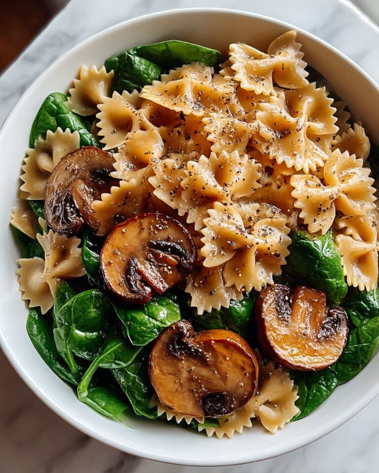 Farfalle Pasta with Spinach, Mushrooms, and Caramelized Onions Recipe