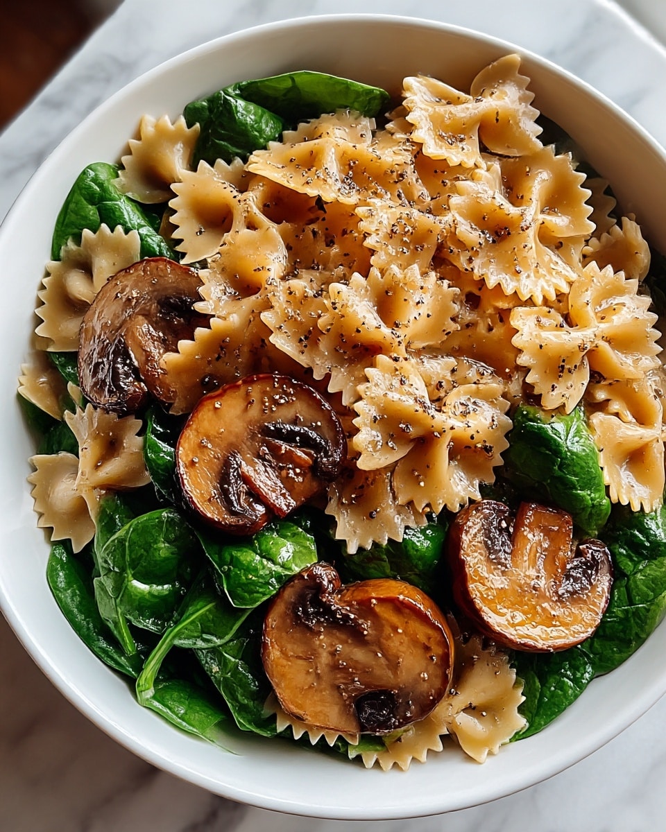 A white bowl filled with three main layers: the bottom layer is bright green spinach leaves, fresh and slightly wilted; the middle layer consists of golden brown cooked mushrooms, sliced thick with some glossy caramelized edges; the top layer is light brown farfalle pasta, each piece showing a smooth texture with slightly curled edges and sprinkled with cracked black pepper, giving a speckled look; all ingredients are mixed evenly, sitting on a white marbled surface. photo taken with an iphone --ar 4:5 --v 7