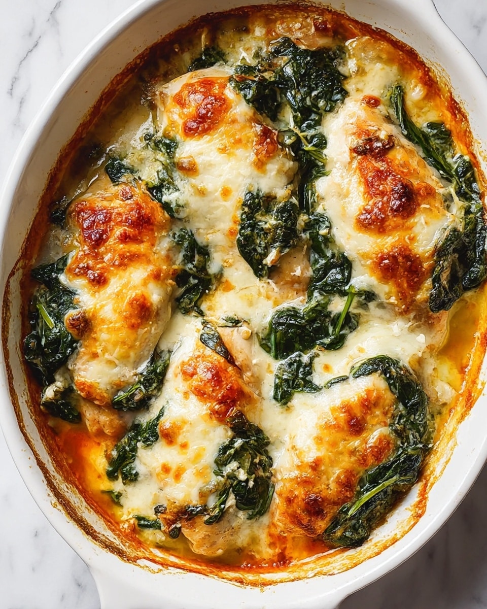 In a white oval baking dish, there are several pieces of chicken breasts covered in melted cheese and spinach. The chicken forms the bottom layer, pale and cooked through. On top, there is a layer of cooked spinach leaves, dark green and wilted. The top layer is a blend of bubbly, golden-brown melted cheese that is browned in some places, giving a crispy texture. The baking dish is placed on a white marbled surface, and the edges of the dish show some baked sauce and cheese residue. The overall look is creamy, cheesy, and slightly browned. photo taken with an iphone --ar 4:5 --v 7