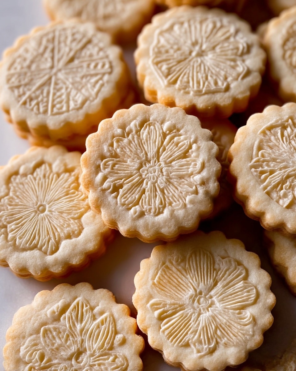 A close-up view of many round cookies stacked on a white marbled surface. Each cookie has a scalloped edge and is light golden brown in color with detailed floral and geometric patterns pressed into the top surface, creating a textured design. The cookies are closely placed together, showing various intricate designs, including flowers, petals, and leaves with precise lines and curves. The overall scene gives a delicate and artisanal feel with warm lighting. photo taken with an iphone --ar 4:5 --v 7