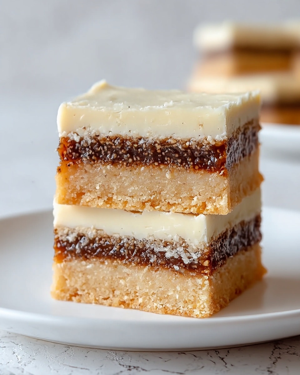 The image shows two stacked dessert bars with three clear layers. The bottom layer is light golden and crumbly, looking like a shortbread base. The middle layer is thick, dark brown with visible tiny seeds and a sticky, jam-like texture. The top layer is pale cream, smooth, and slightly crumbly, resembling a frosting or a soft cheese layer. The bars are placed on a white plate against a white marbled textured surface. Photo taken with an iphone --ar 4:5 --v 7