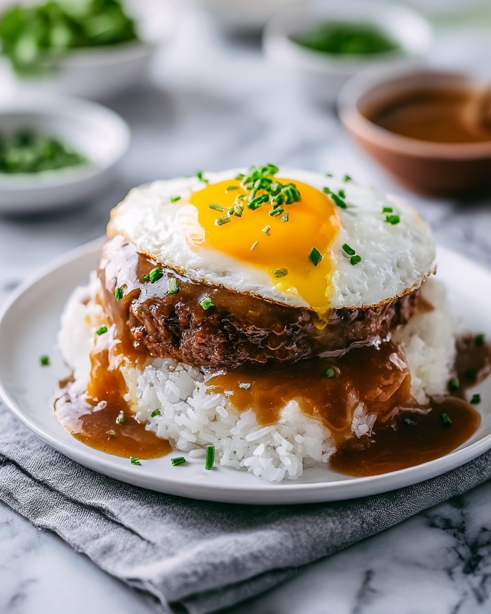 A white plate holds a layered dish starting with a bed of white rice at the bottom. On top of the rice is a thick, brown cooked beef patty covered in a rich, glossy brown gravy that slightly spills over the edges onto the rice. Crowning the beef patty is a bright, sunny yellow fried egg with a glossy yolk and white edges that are slightly crispy. The egg is sprinkled with small, finely chopped green chives. The plate sits on a gray cloth over a white marbled surface, with blurred bowls of green herbs and brown sauce in the background. photo taken with an iphone --ar 4:5 --v 7