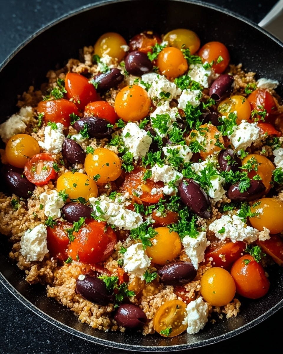 This dish is shown in a round black pan filled with a colorful mixture. The base layer is crumbly light brown ground meat or textured vegetable protein, mixed evenly throughout. Scattered on top are glossy, whole and halved cherry tomatoes in red and orange, providing bright, shiny pops of color. Dark purple and black whole olives add a smooth, glossy texture and a rich color contrast. Large white cubes of soft feta cheese are placed on top, some with black pepper sprinkled on them. Fresh green parsley leaves are sprinkled throughout the dish, adding a vibrant touch and freshness. The entire mix looks well-seasoned and slightly moist, sitting against a background with a white marbled texture. photo taken with an iphone --ar 4:5 --v 7