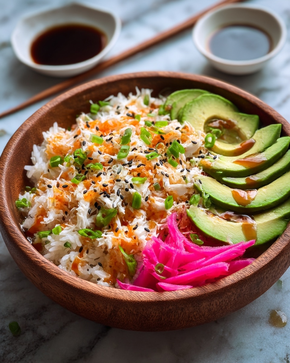 A wooden bowl filled with a layered dish, starting with a base of white rice, topped with shredded white crab meat mixed with an orange spicy sauce, and sprinkled evenly with black sesame seeds and bright green chopped scallions. On one side of the bowl, vibrant pink pickled radish sticks are neatly stacked, while slices of fresh green avocado fan out opposite the radish, drizzled lightly with a brown sauce. The bowl sits on a white marbled surface, with a small white dish of soy sauce and wooden chopsticks placed in the background, creating a vibrant and fresh look. photo taken with an iphone --ar 4:5 --v 7
